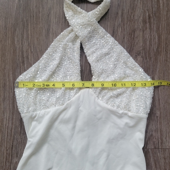 12th Tribe White Sequin Thong Bodysuit Twist Halter Neckline Cut Out Bust Sexy M - Picture 11 of 13